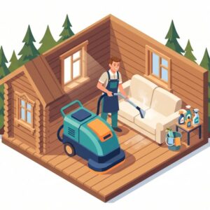 Изометрическая иллюстрация процесса профессиональной химчистки мягкой мебели для уборки коттеджей в Подмосковье